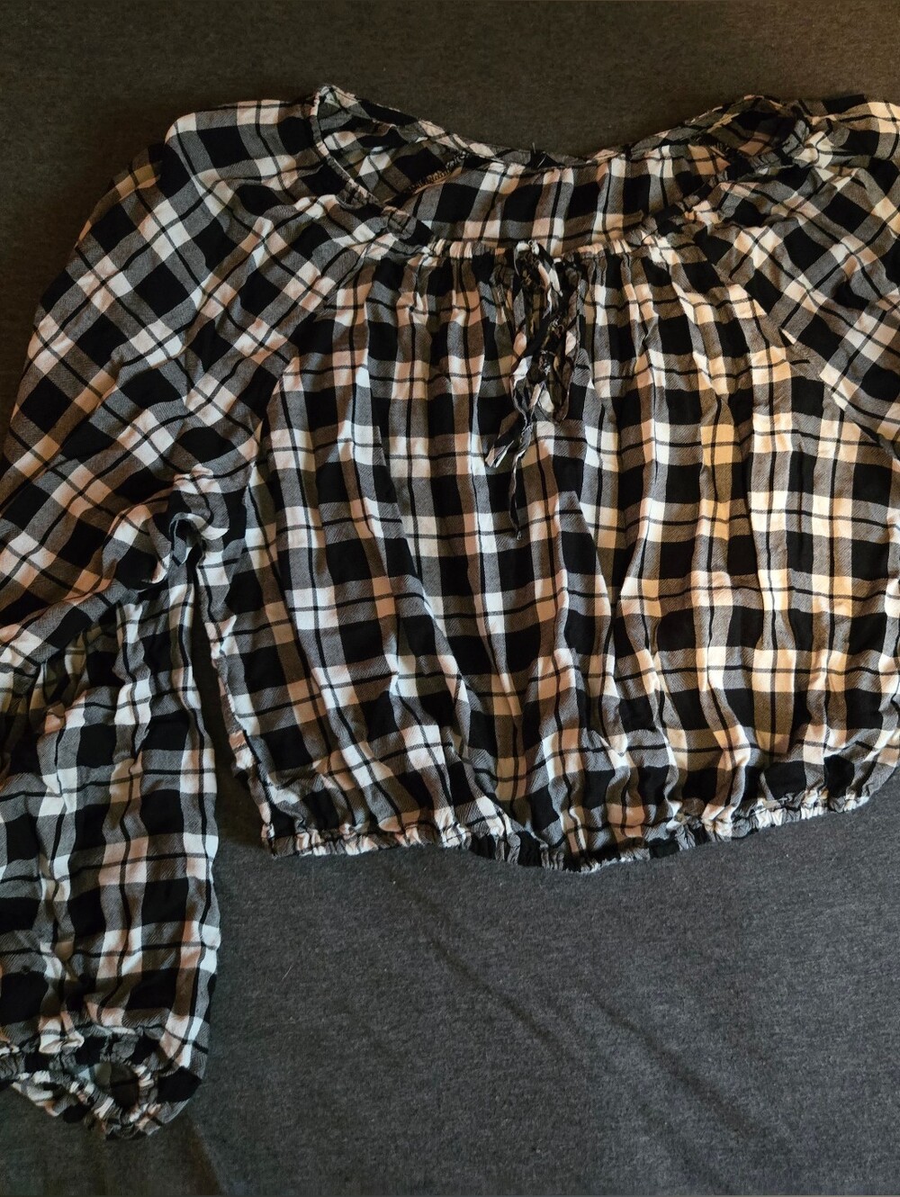Black and White Plaid Off-Shoulder Crop Top